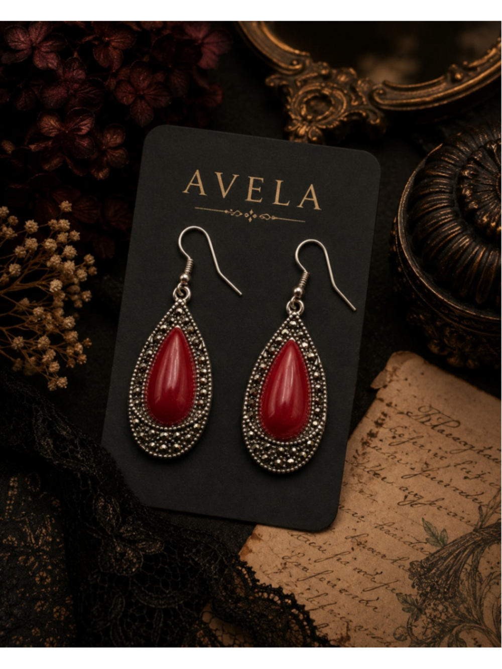 Vintage Silver Tone Red Teardrop Dangle Earrings Marcasite Style Boho